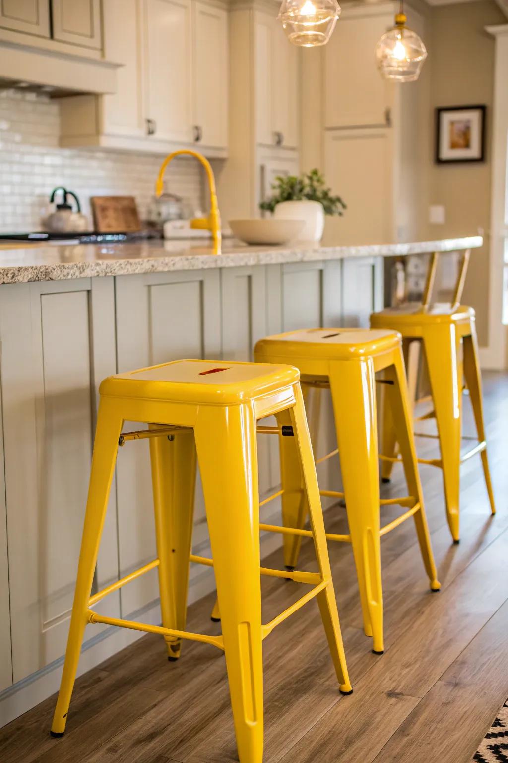 Yellow-toned stools deliver a pleasant contrast in an otherwise neutral kitchen palette.