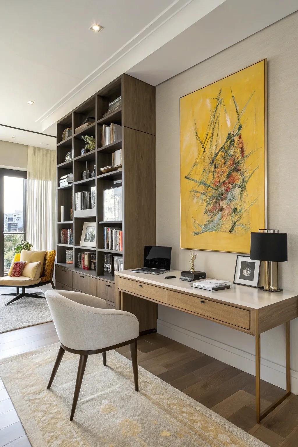 A home office brightened with golden wall art.