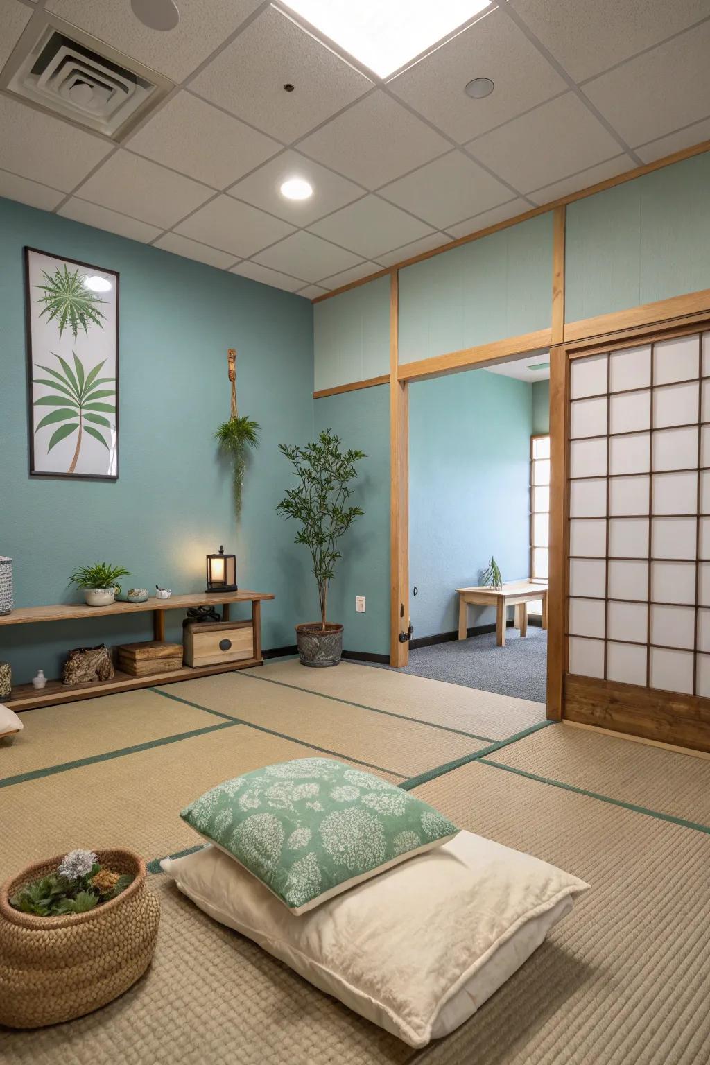 Peaceful hues establish the foundation for a tranquil environment.