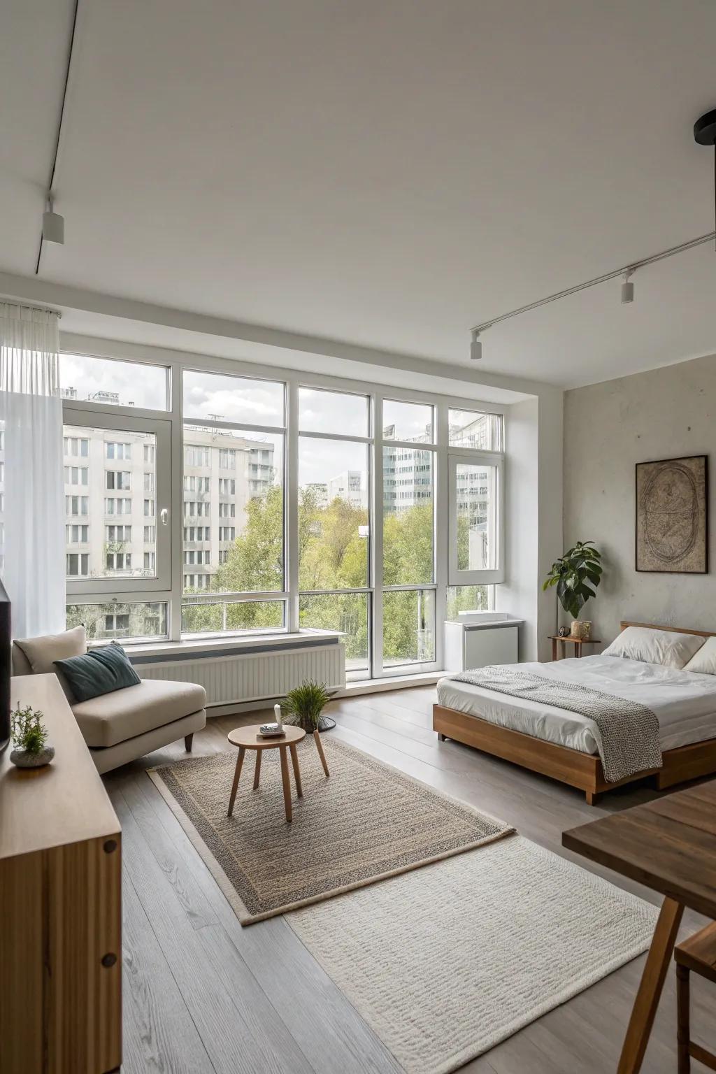 Simple furnishings aid in preserving a tidy and spacious ambiance.