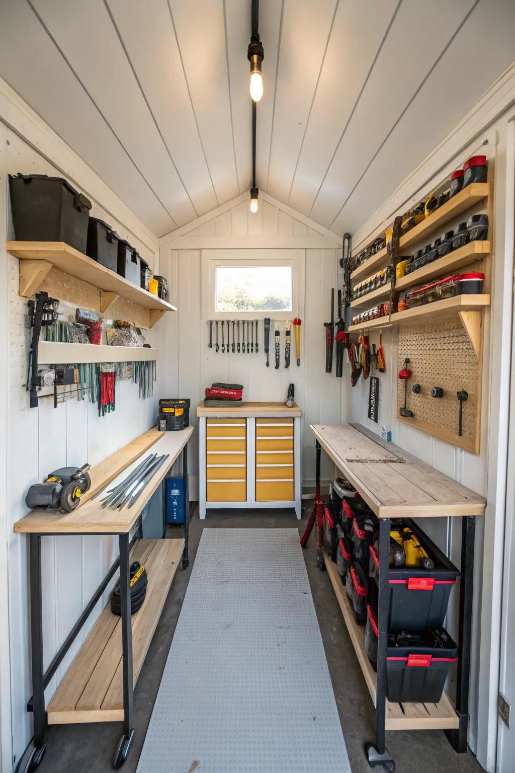 An efficient DIY space with organized tool shelves and a compact workbench.