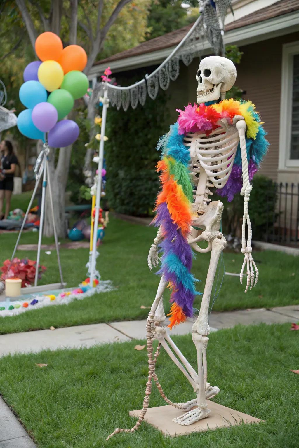 An alluring skeleton with a feather wrap steals the spotlight.