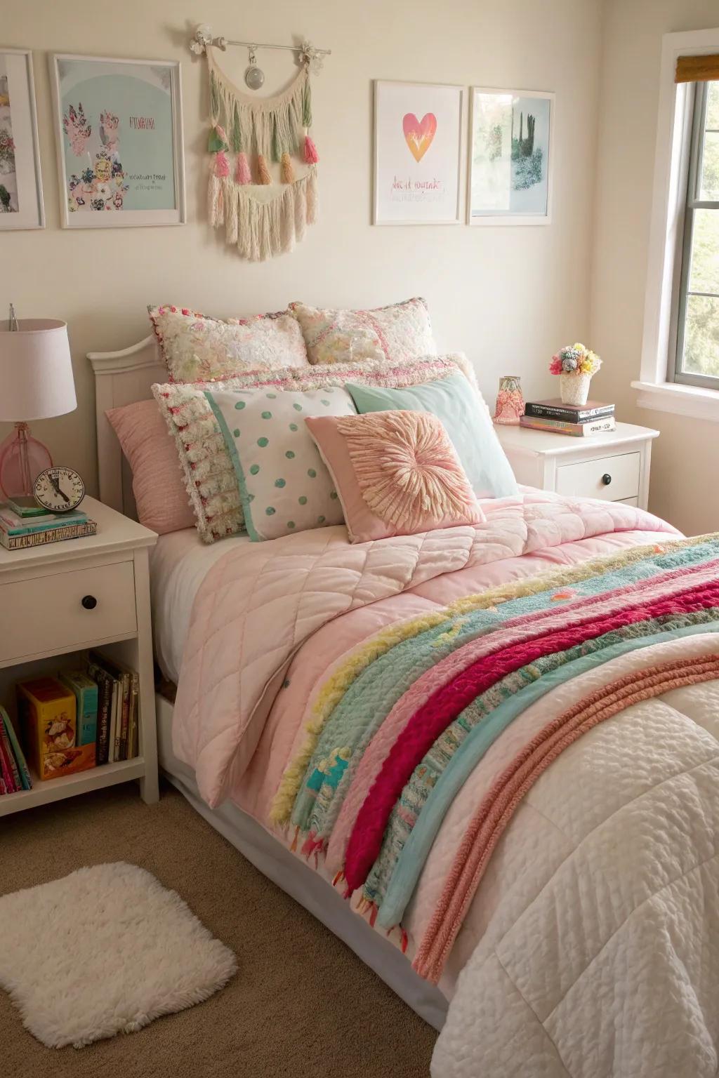 An inviting and snug bed showcasing layered bedding.