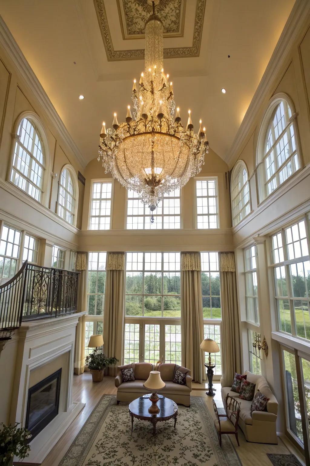 A grand chandelier infuses drama and sophistication into the great room.