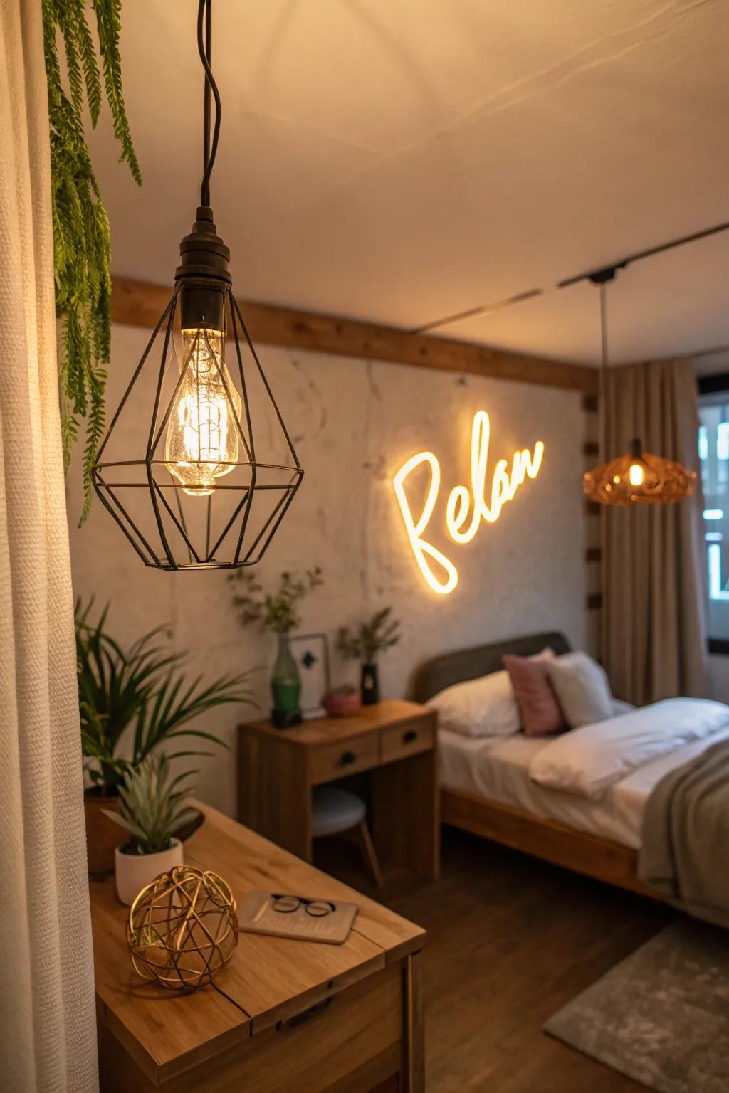 Unique light fixtures evoke a modern and inviting atmosphere