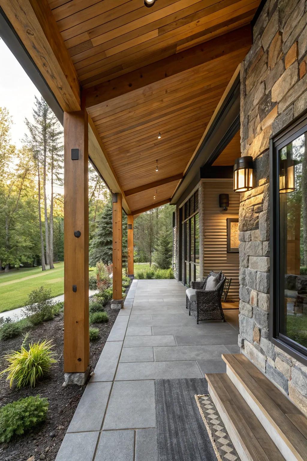 Nature-inspired accents infuse warmth into a modern porch.