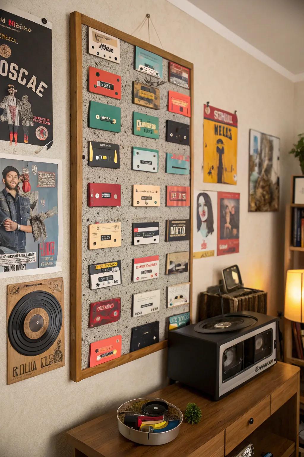 Audio tapes employed as fasteners on a vintage-inspired display board.