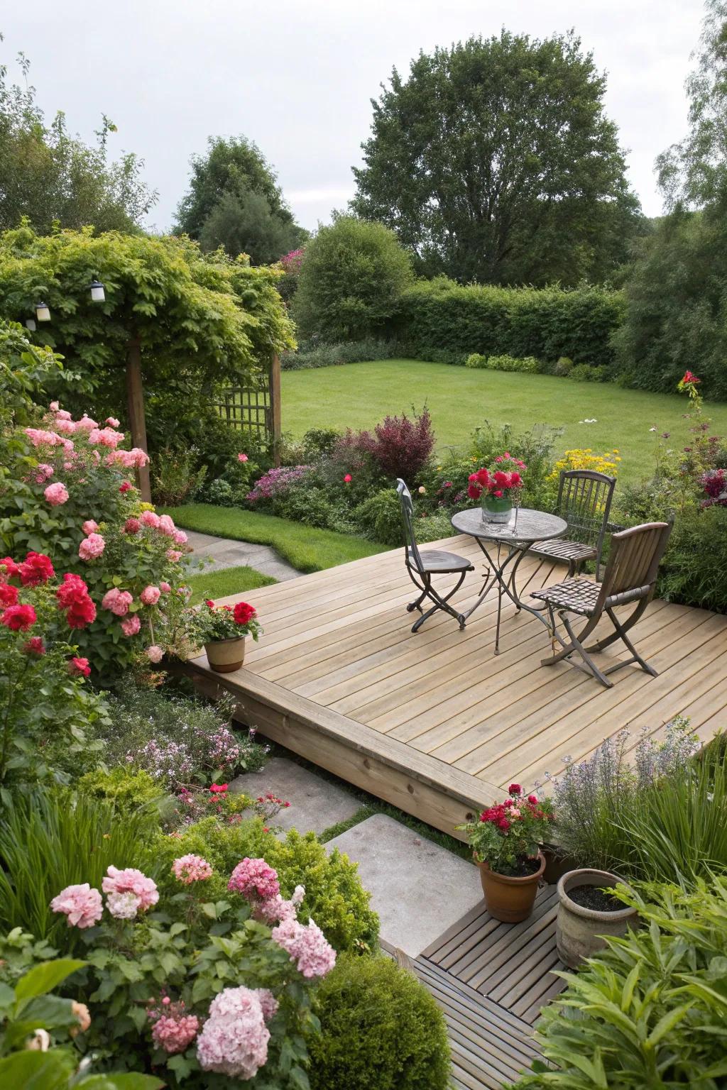 A deck exquisitely intertwined with a vibrant garden.