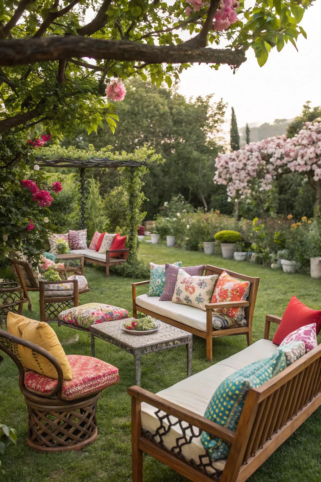 Relaxed seating featuring vibrant cushions for a soothing garden ambiance.