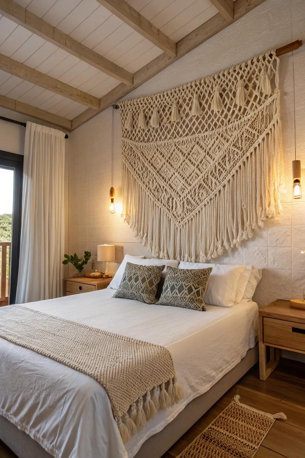 Macramé introduces a bohemian aesthetic to the bedroom.