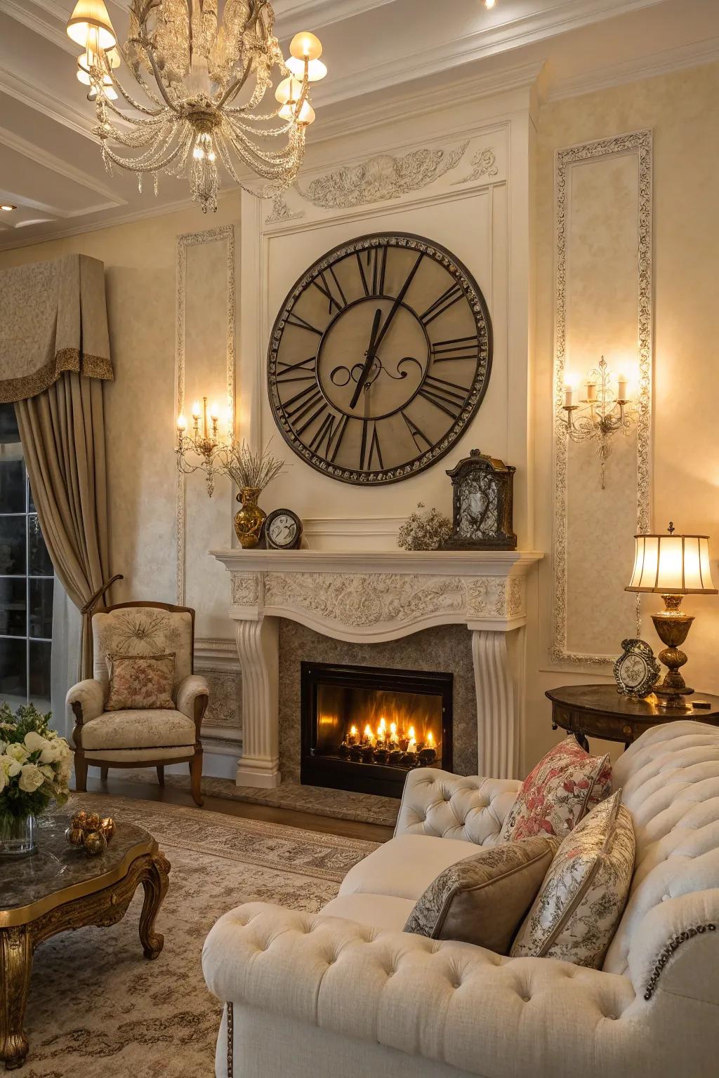 A substantial wall clock acts as both a functional item and an artistic statement above the fireplace.