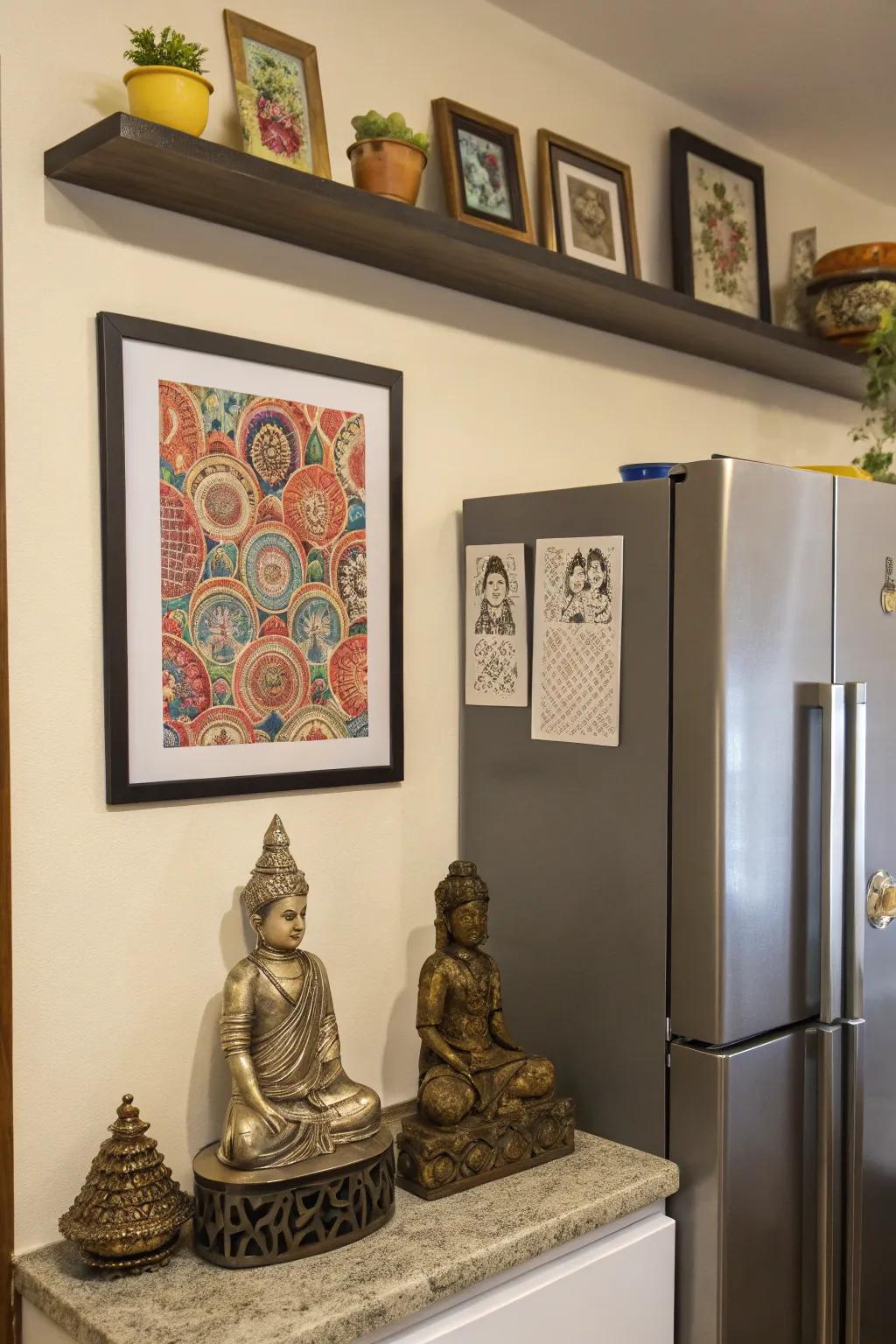Thoughtful art pieces above the fridge contribute a personal touch.