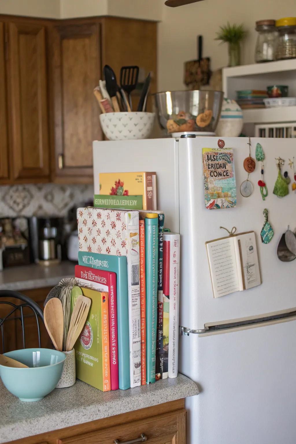 Blend style and practicality by displaying cookbooks and utensils in a decorative manner.