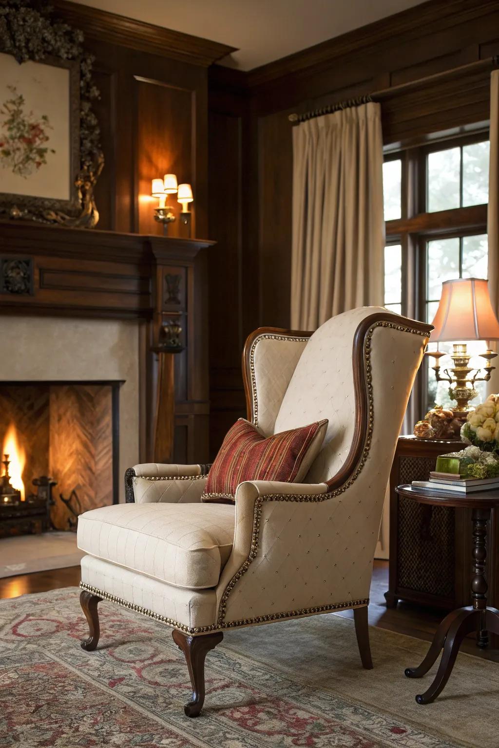 A high-back chair beside the fireplace radiates timeless elegance.