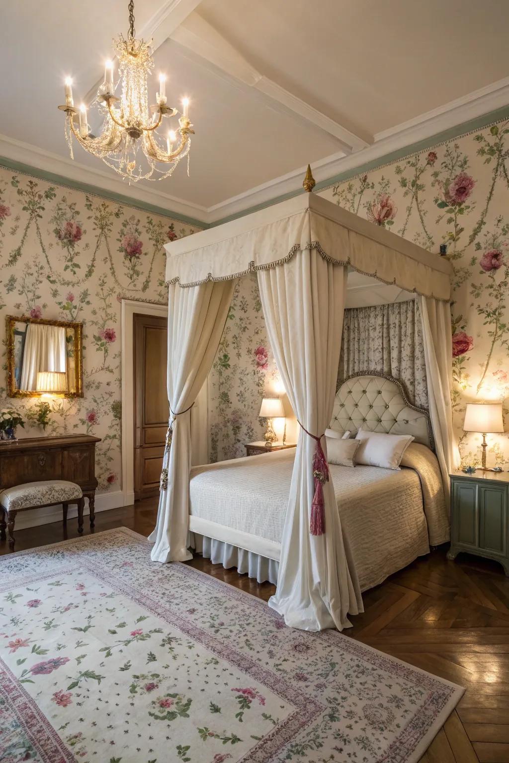 Botanical wall covering on the feature wall adds refinement and beauty to this bedroom.