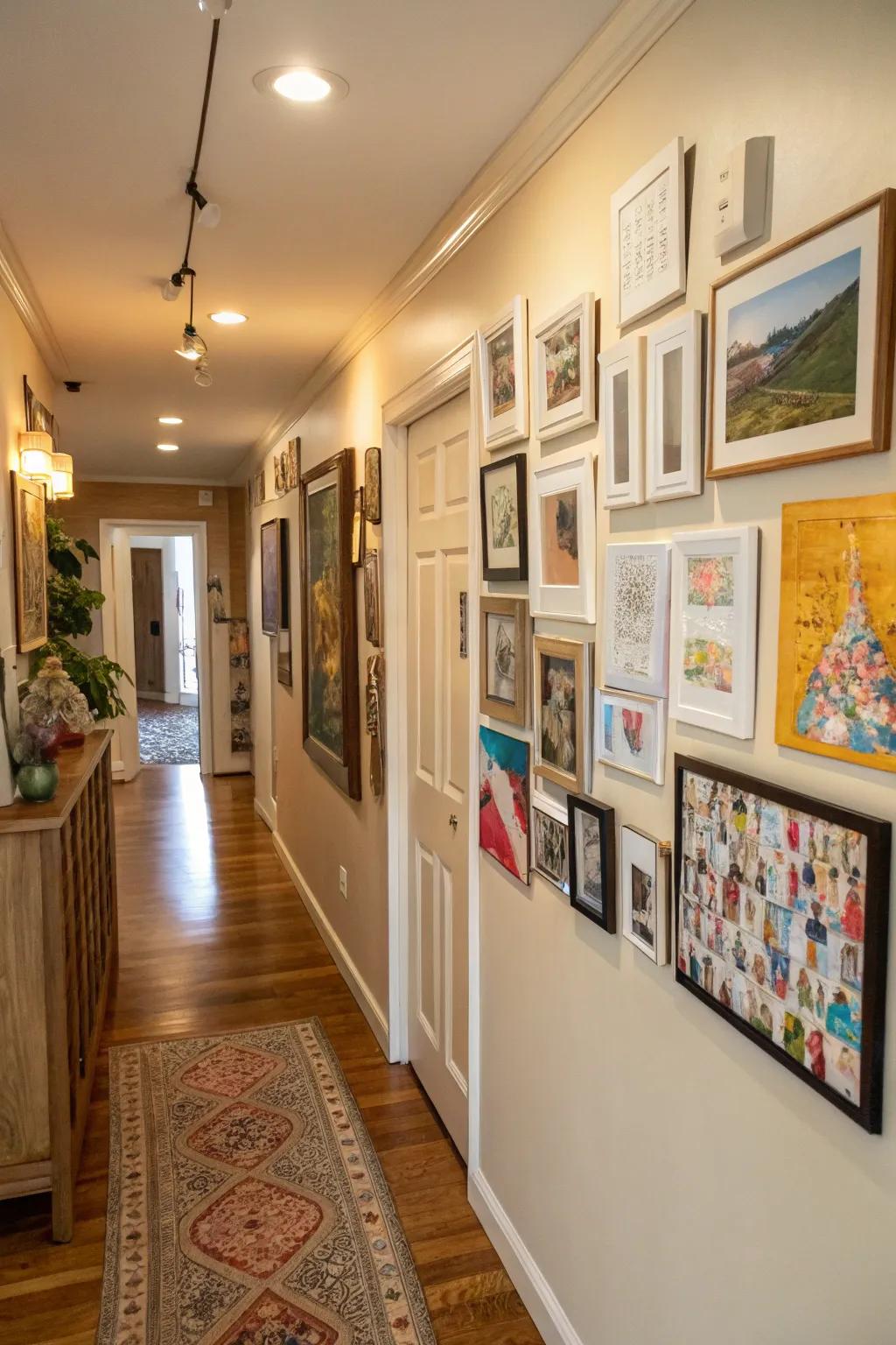 A passageway transformed into a curated wall art gallery showcasing art and personal photos.