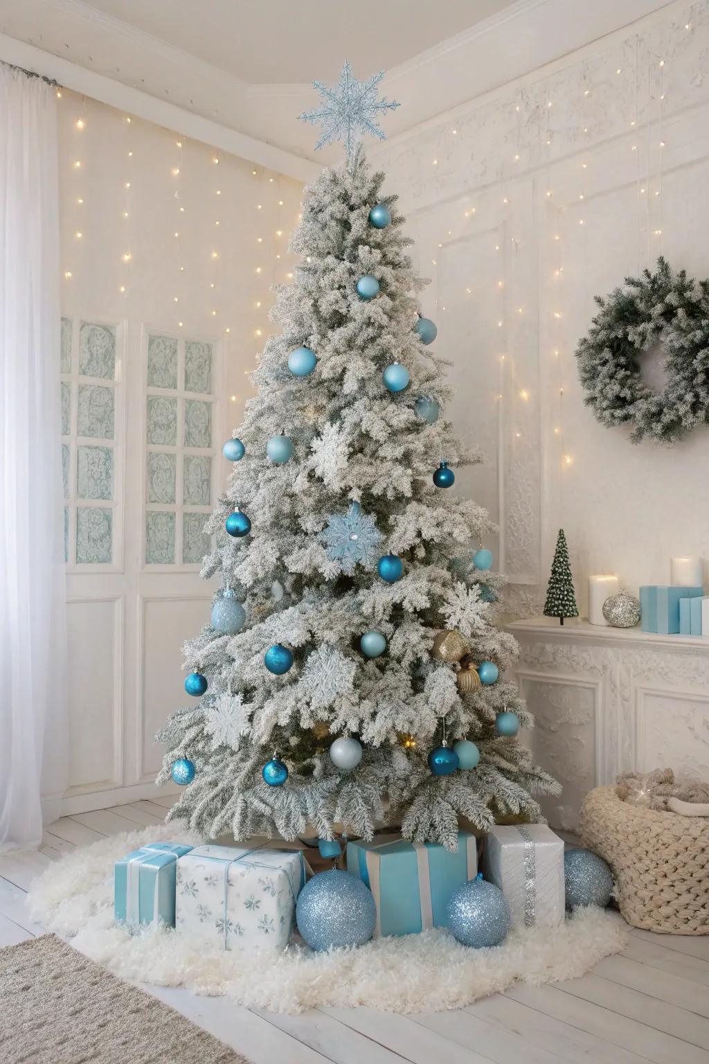 A Christmas tree inspired by a wintry fantasyland that conveys a captivating snow-covered appearance.