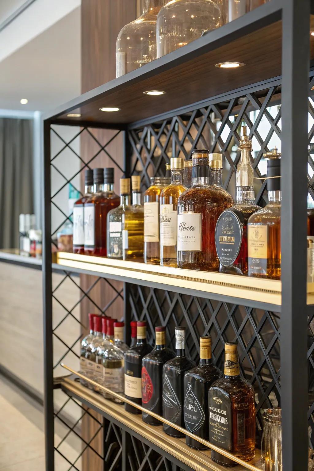 An exceptional, uniquely designed rack showcasing a variety of spirit bottles as a centerpiece.