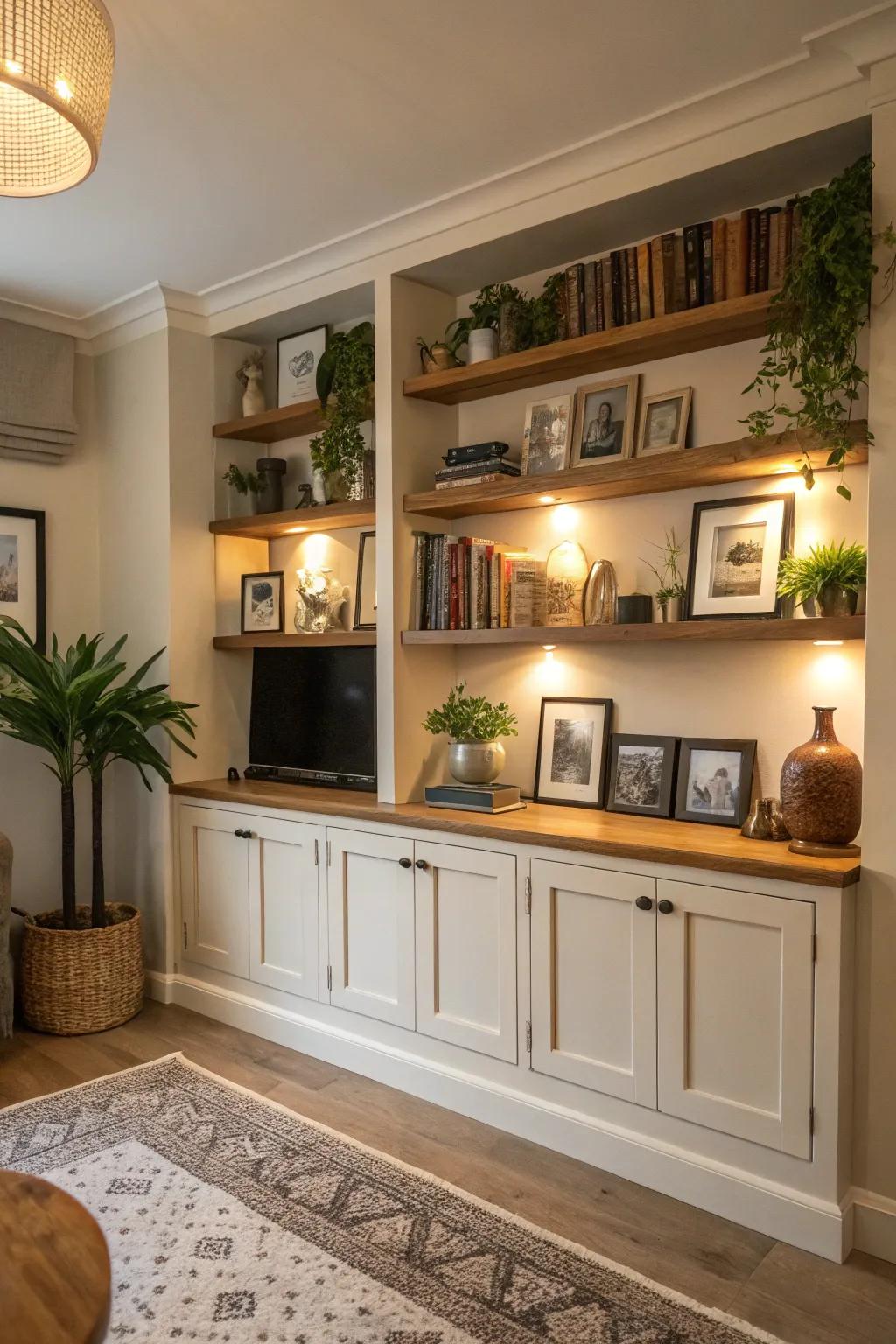 Pair open shelves with concealed storage for a neat aesthetic.