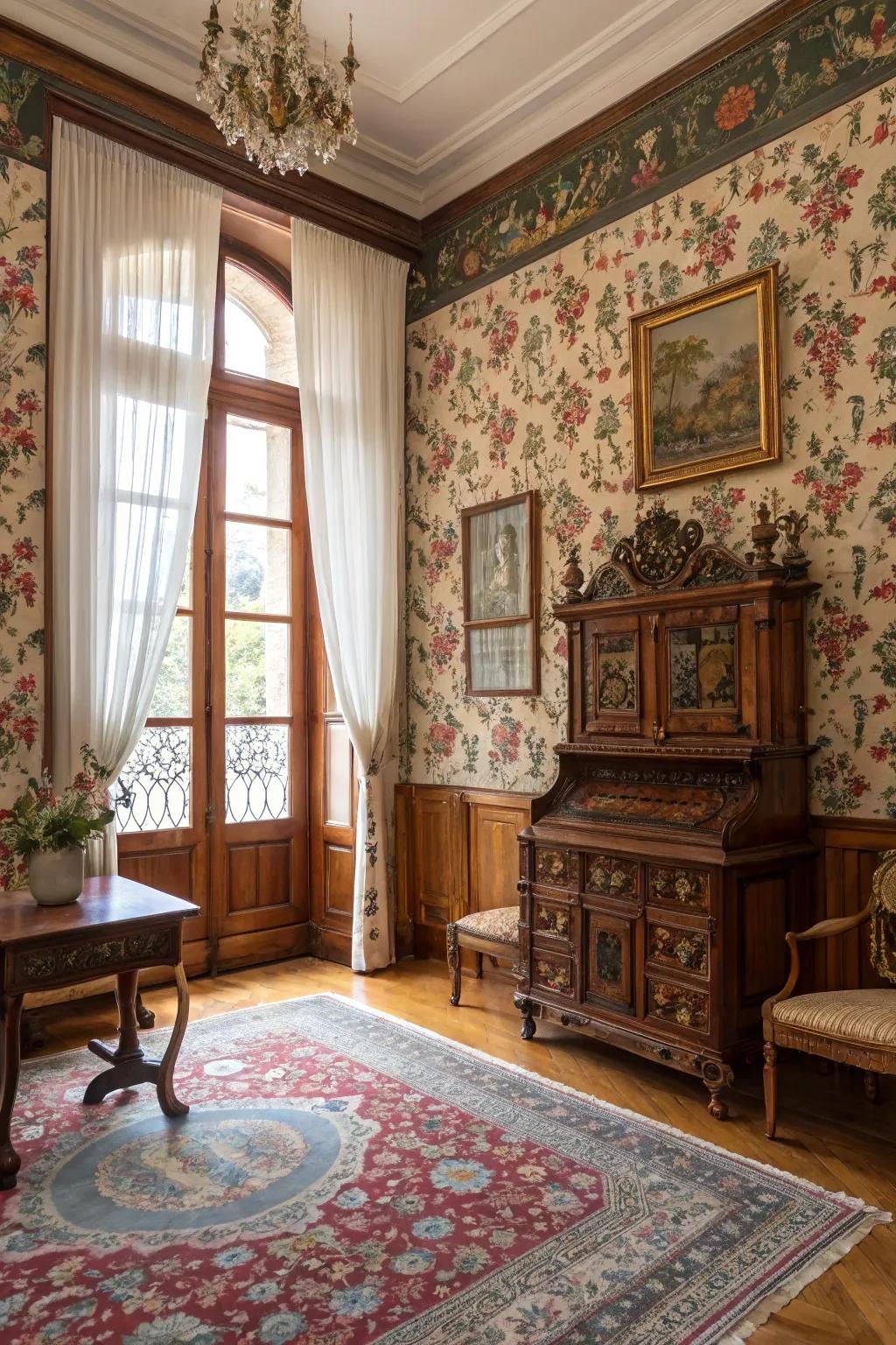 Botanical wallpaper injecting refinement and history into a colonial chamber.
