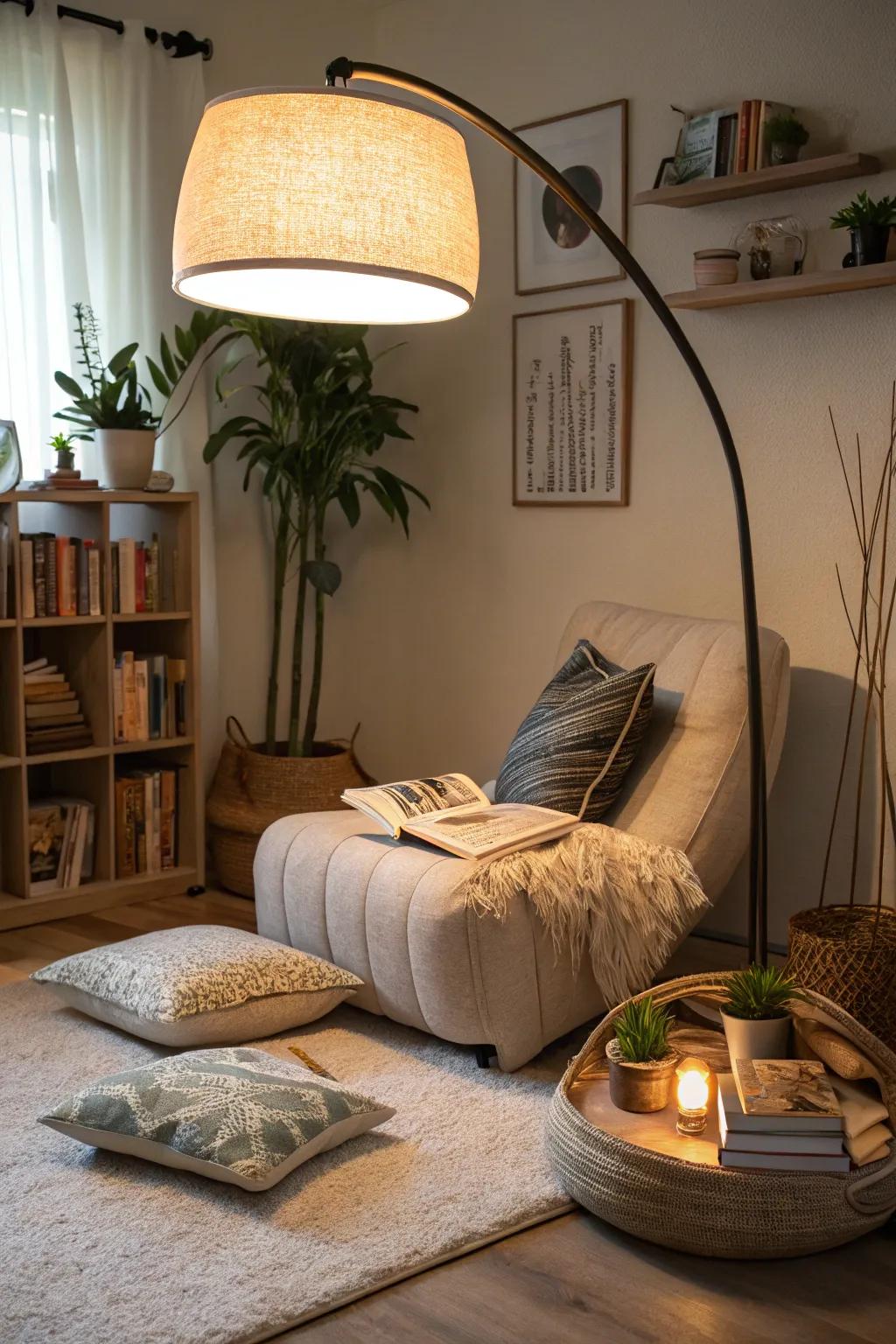 A comfortable reading nook made cozier with an arched standing lamp.