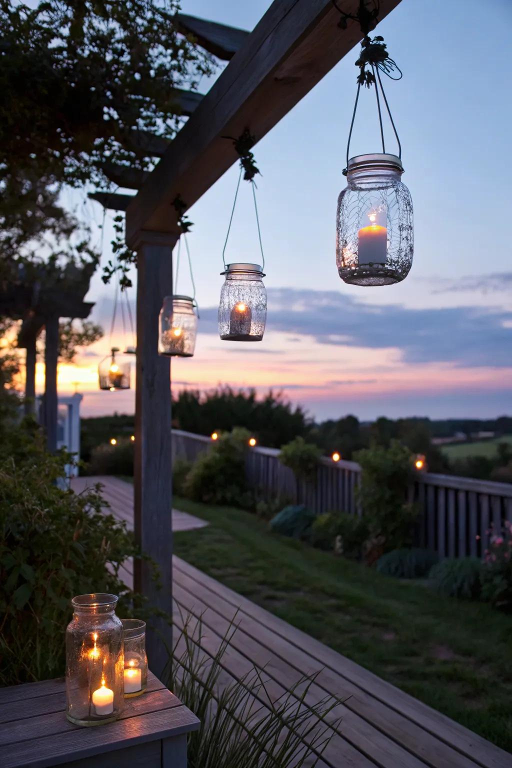 DIY lanterns create an inviting and warm ambiance.