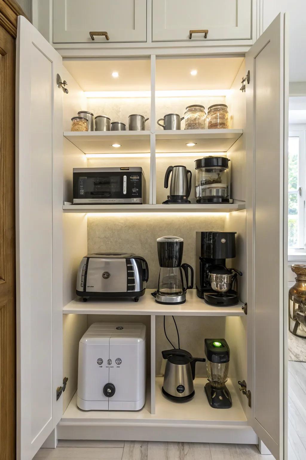 Integrated lighting inside cabinets enhances visibility and adds a sophisticated touch.