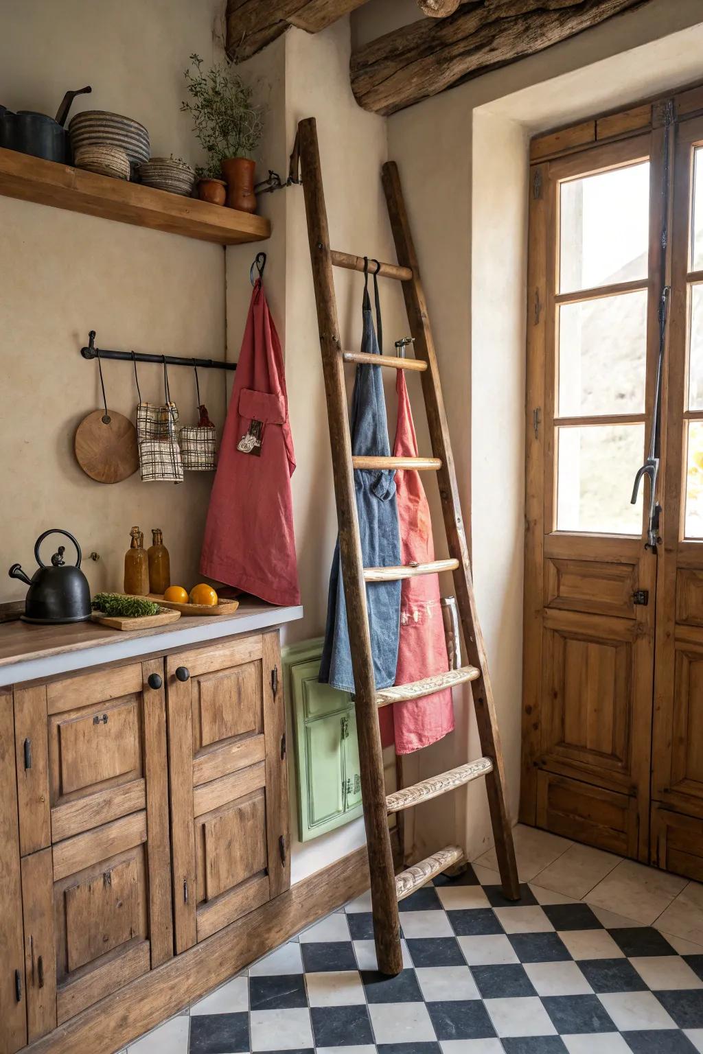 A vintage climber lends country charm to your apron showcase.
