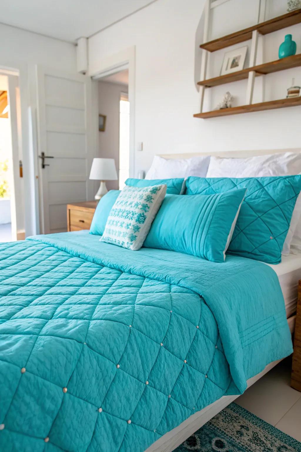 Sea-tinted textiles enhance the texture and depth of the bedroom.