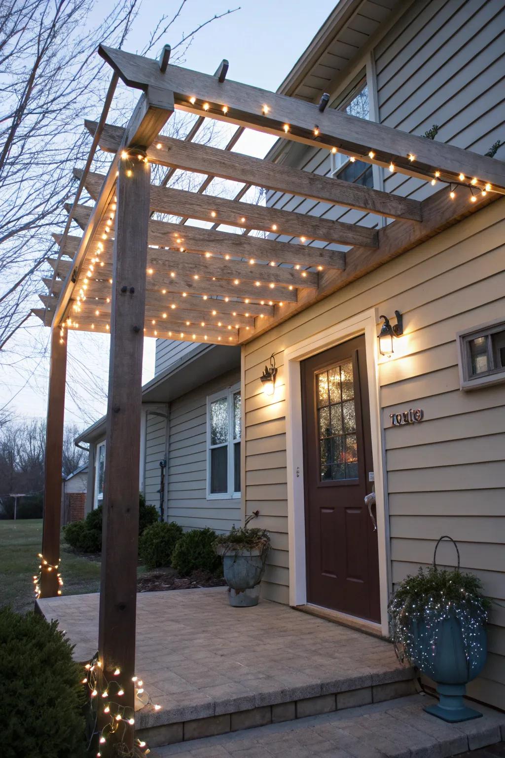A pergola-inspired arbor showcasing beams and fairy lights for an elegant entrance.