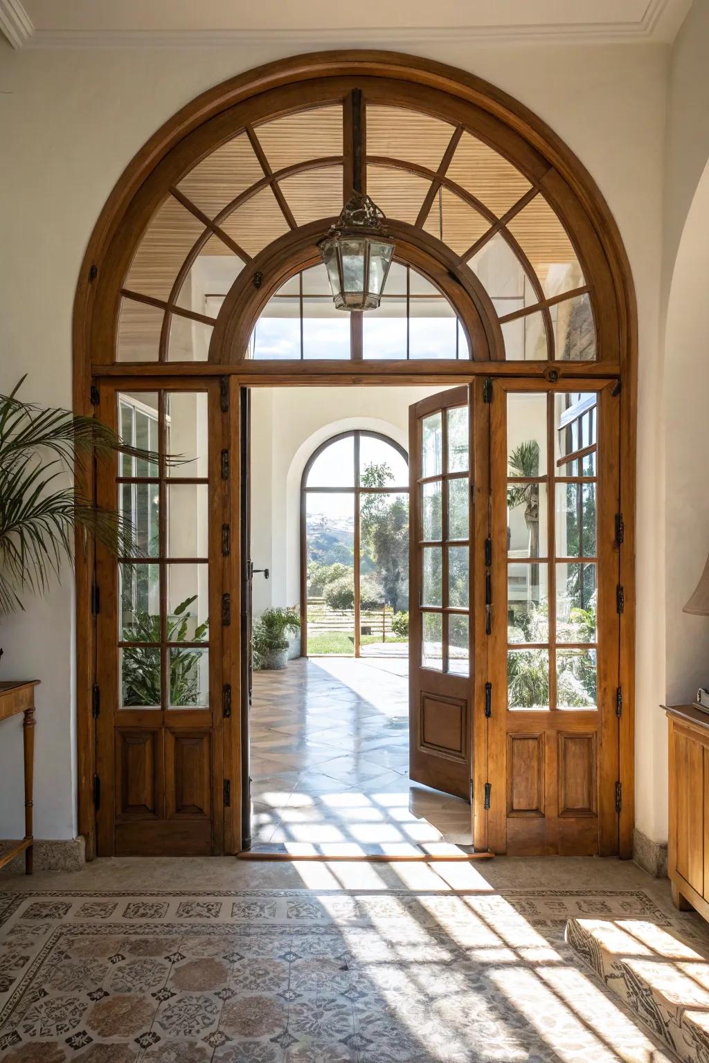 A glass archway door inviting natural light into a bright and airy interior.