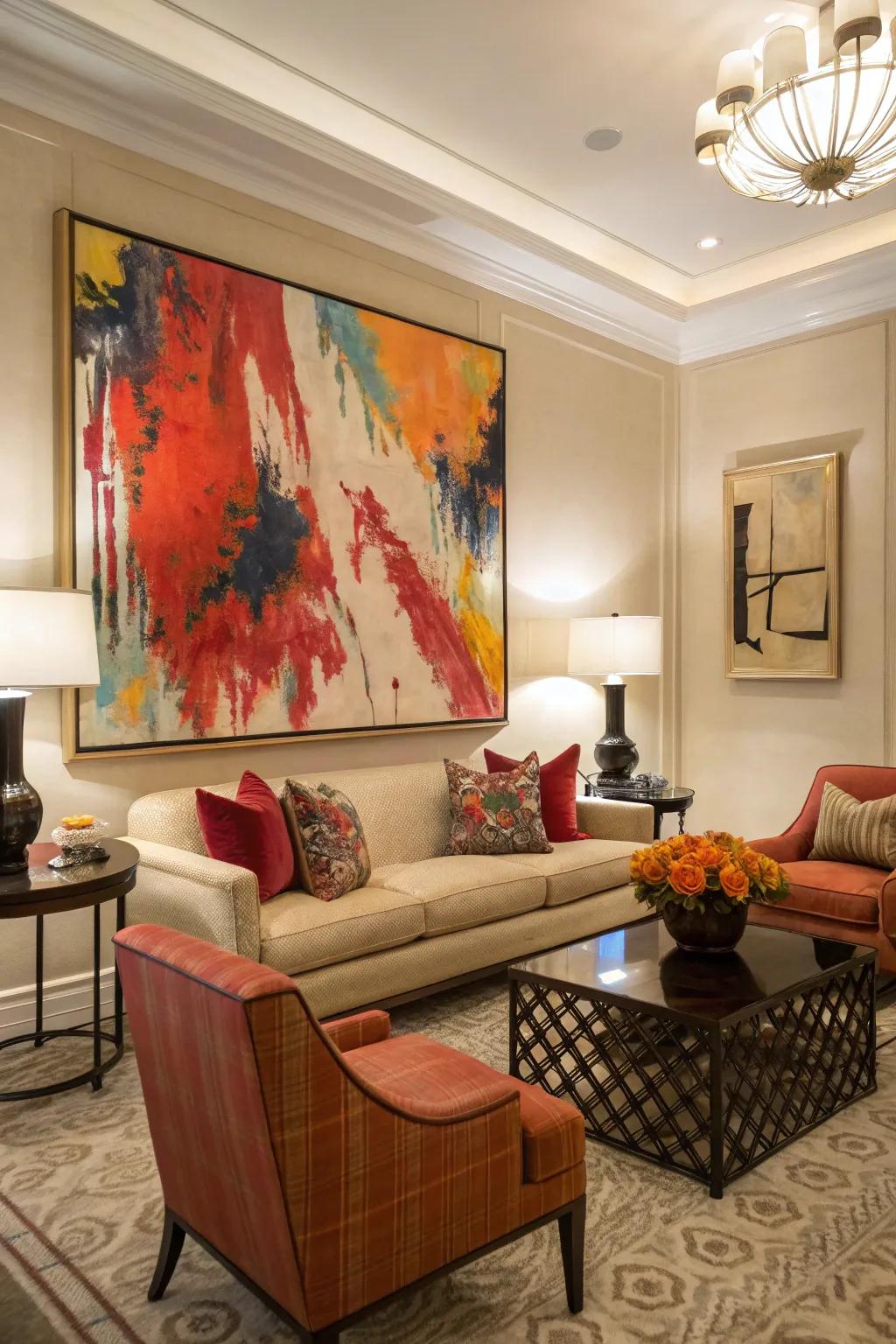 A non-representational artwork adds a burst of color and ingenuity to this elegant family room.