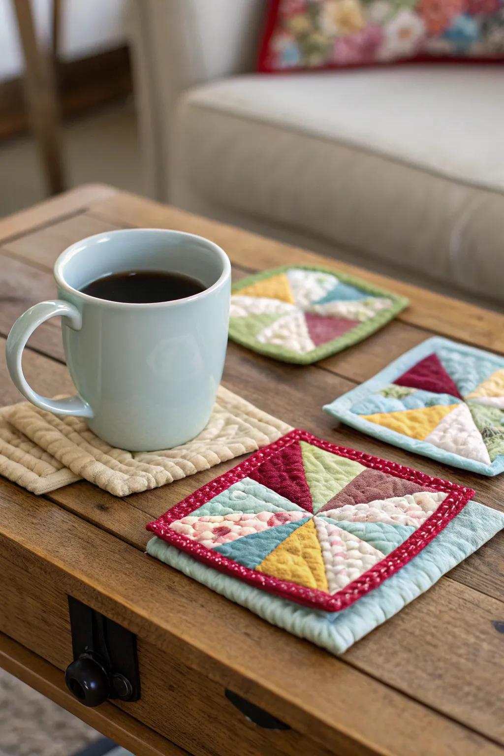 Handmade, earth-toned padded coasters, infusing any space with a sense of warmth.