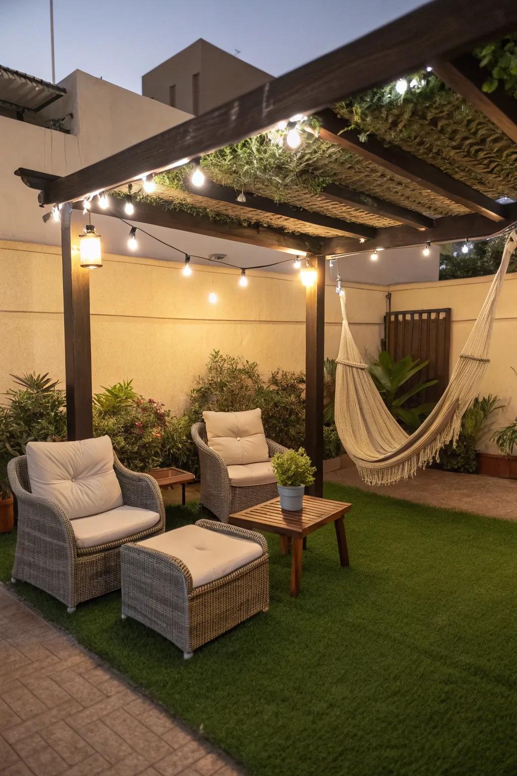 Unwind in style with a comfortable seating spot on synthetic turf.