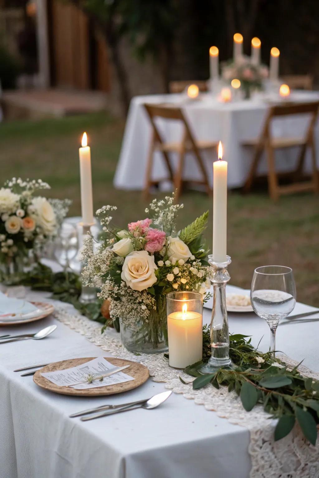 Elegant table arrangements with unpretentious focal decorations.