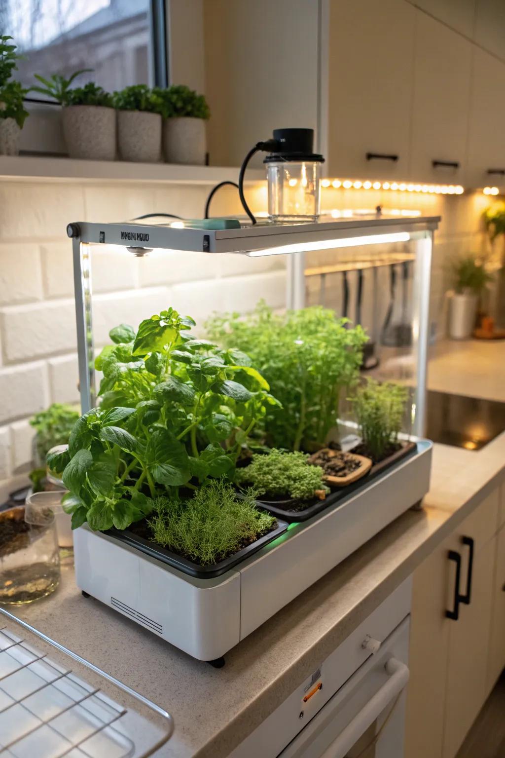 A tabletop greenhouse featuring integrated grow lights, ideally suited for nurturing herbs.