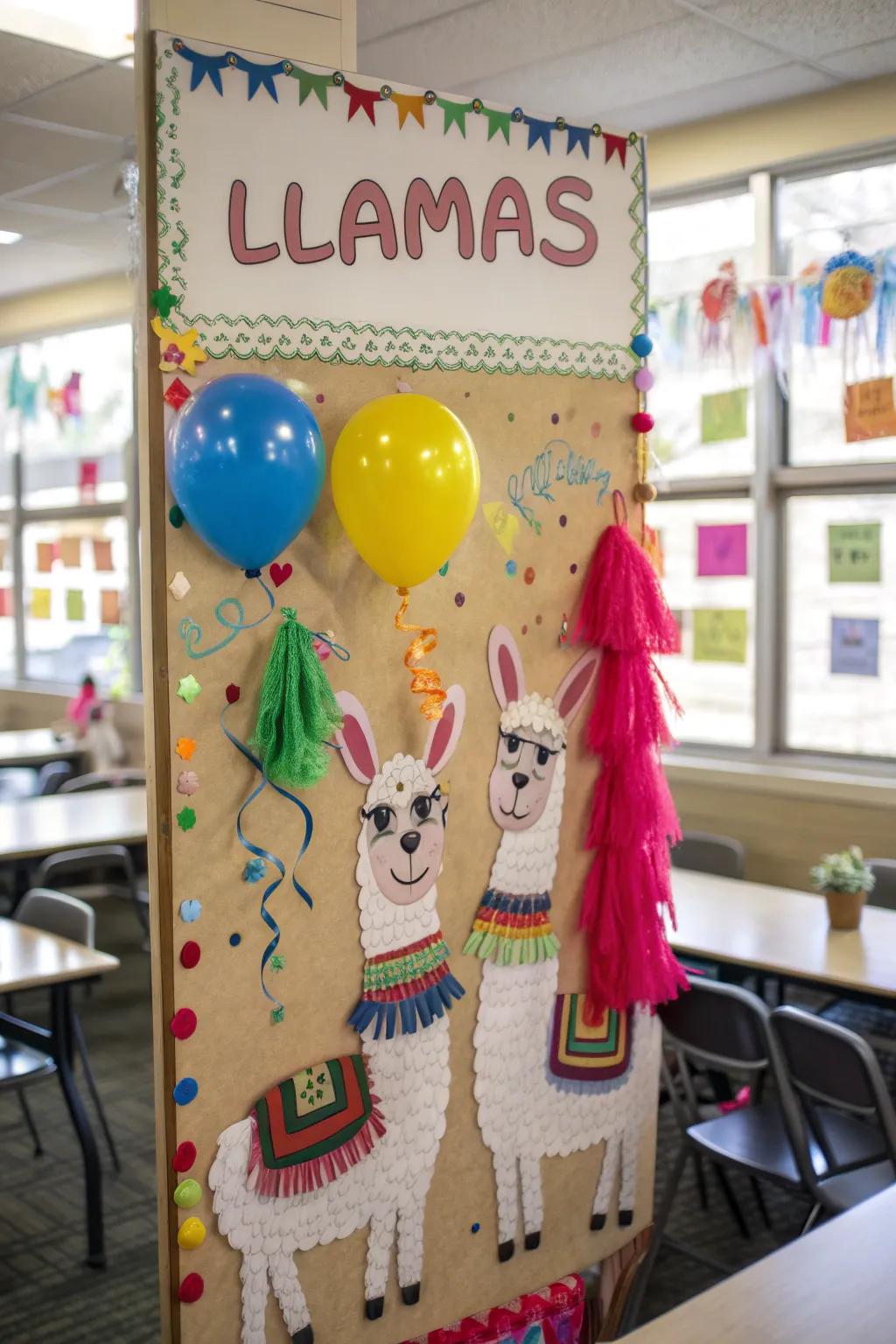 Llama-themed bulletin board, enriching the classroom with humor.