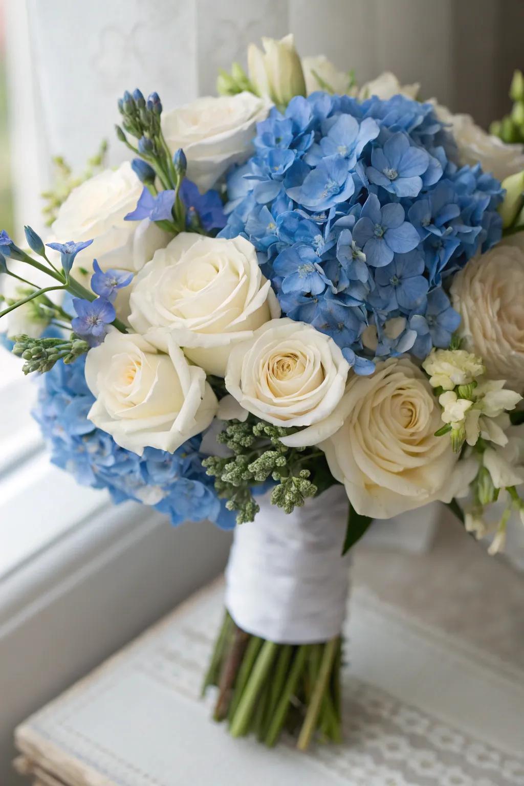 Azure hydrangeas contribute a splash of hue to your wedding bouquets.