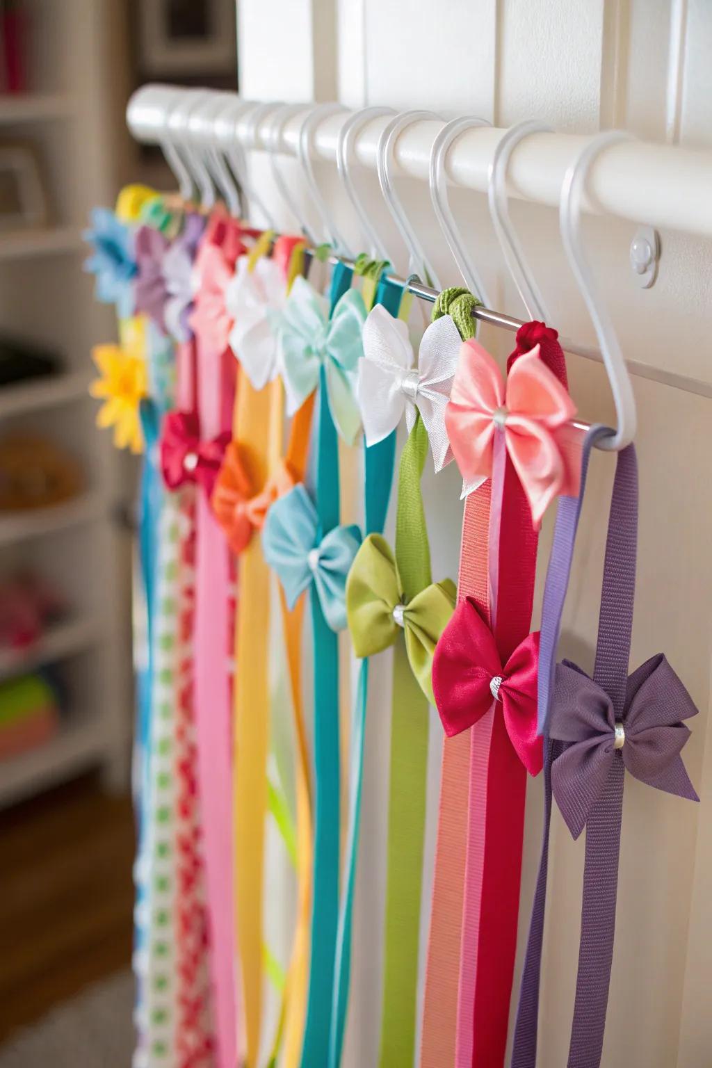 An imaginative DIY ribbon hanger for showing off baby bows.