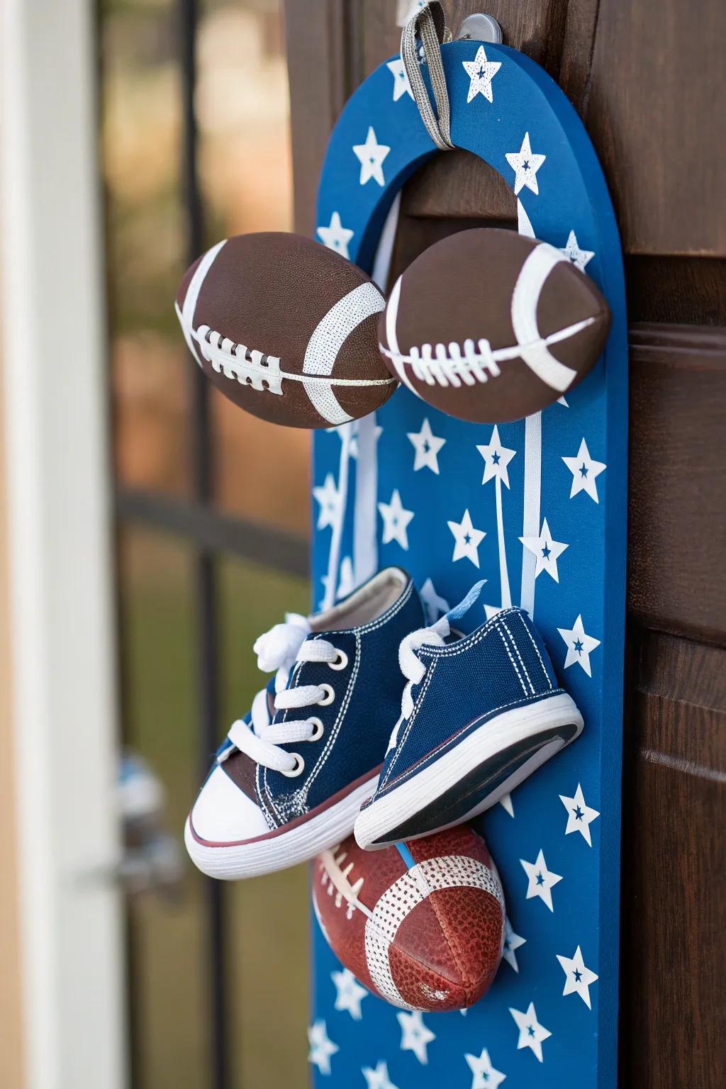 A playful athletic flair door hanger perfect for a budding athlete.