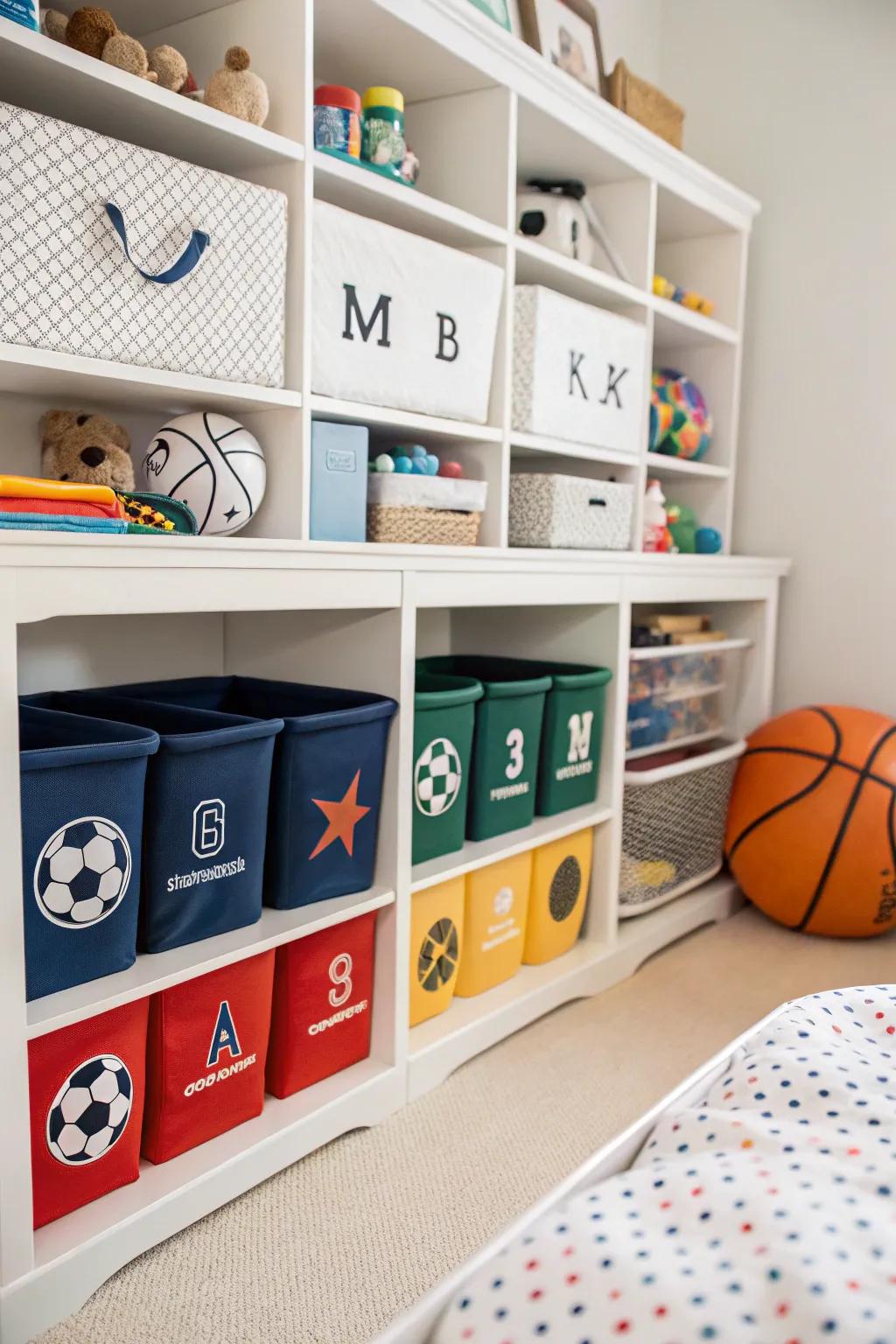 Sports-themed storage bins blend functionality with playful design.