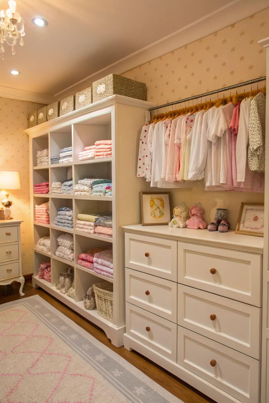 Open shelving structures blend storage with nursery decor.
