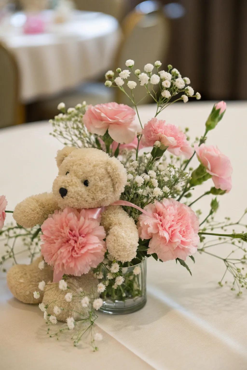Lovable plush bear centerpiece featuring exquisite blossoms.