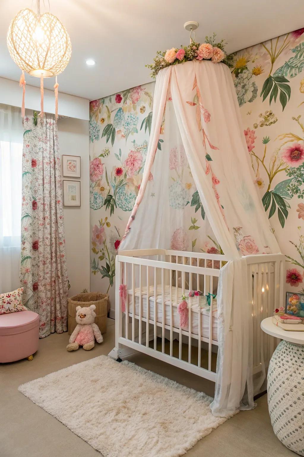 A dreamy drape creates a magical feel over the crib.