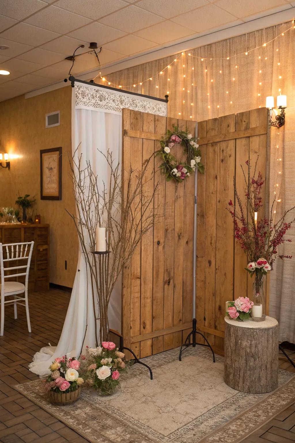 Rustic wood features contribute warmth to the baby shower decor.