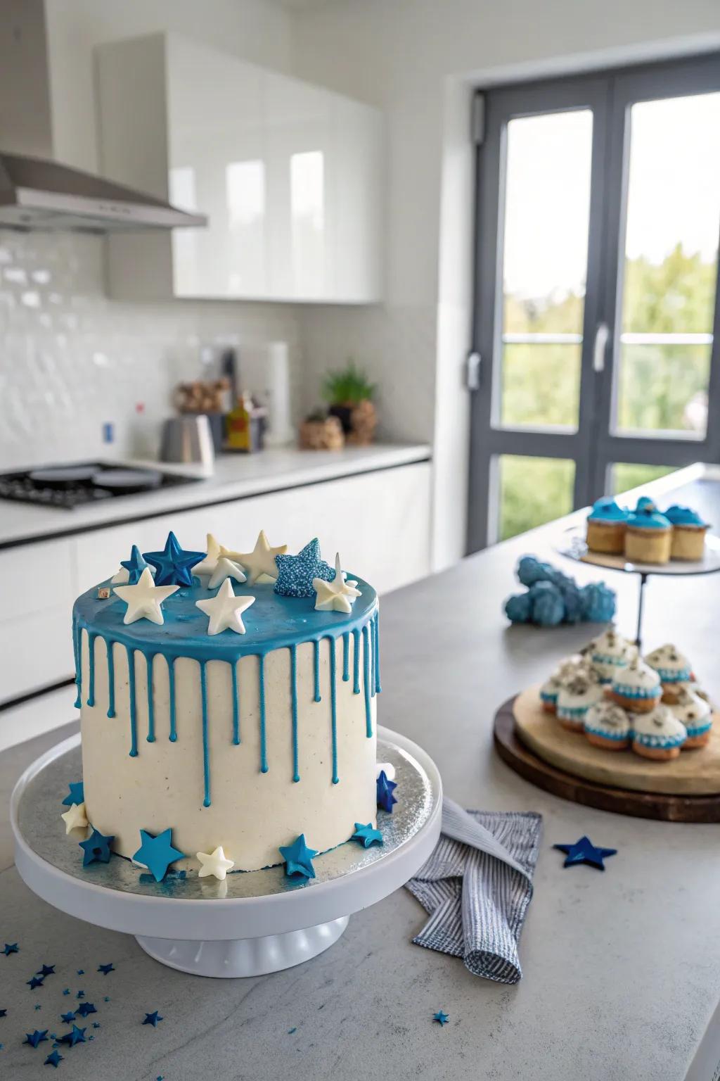 Fashionable drip cake with azure candy melts and edible stars.