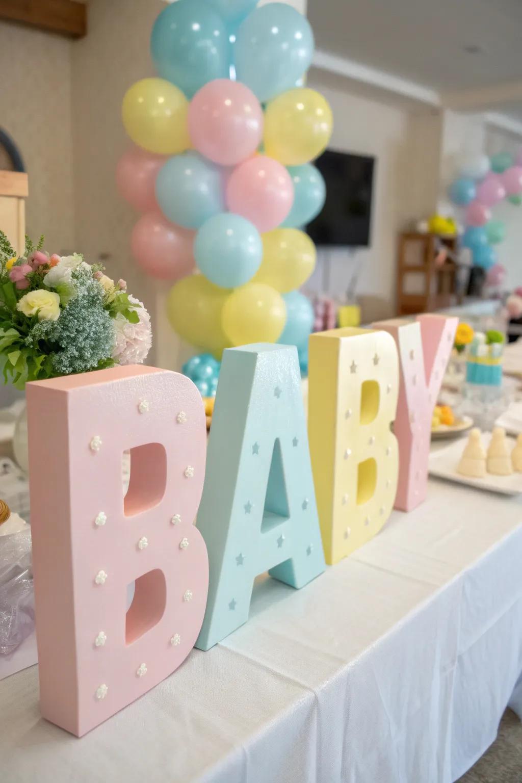 Large soft-toned infant block letters contribute a playful element to the baby shower decoration.