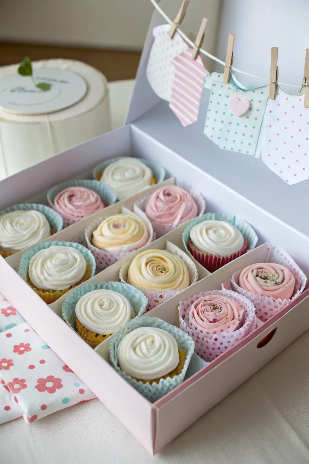 Garments displayed as miniature cakes inside a pastry container for a charming and imaginative offering.