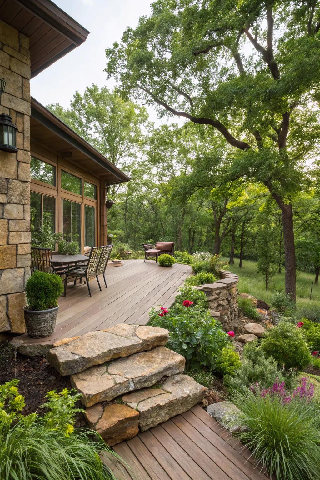 Natural stone features add rustic charm and robustness to your deck.