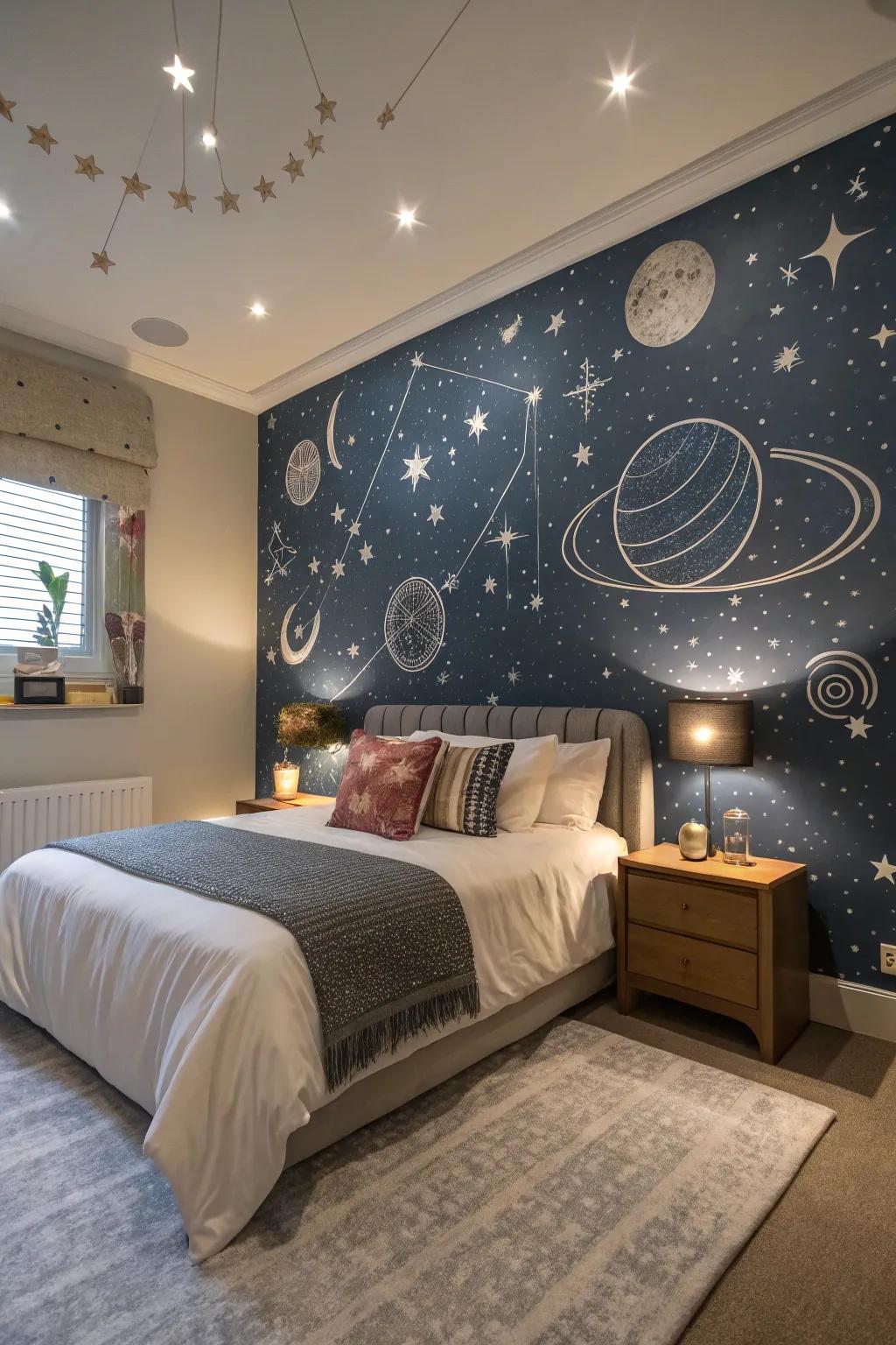 A bedroom with a celestial-themed wall featuring a stars and planets mural.